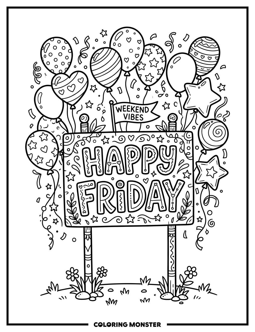 Happy Friday Sign with Balloons Coloring Page