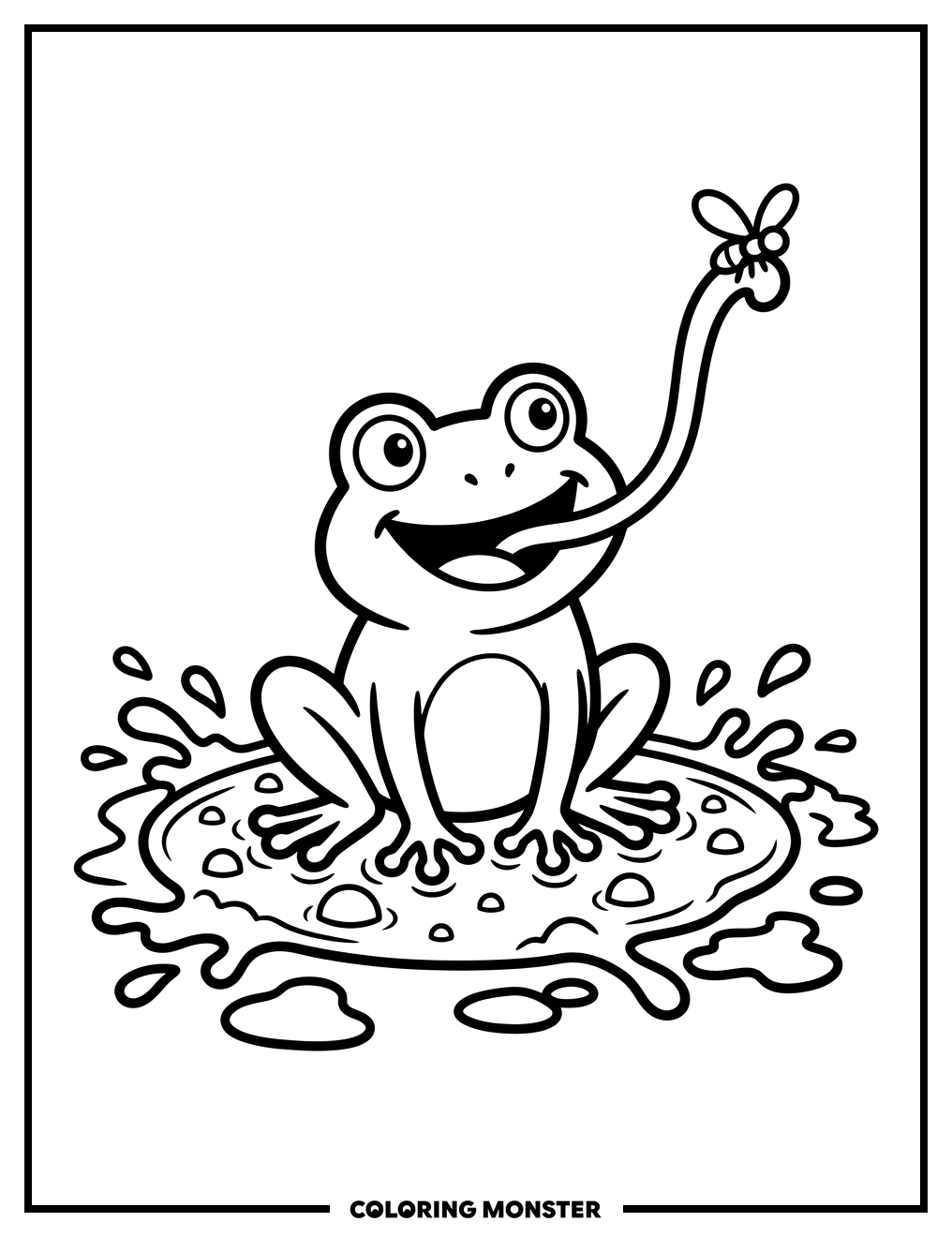 Happy Frog Chasing a Fly Coloring Page