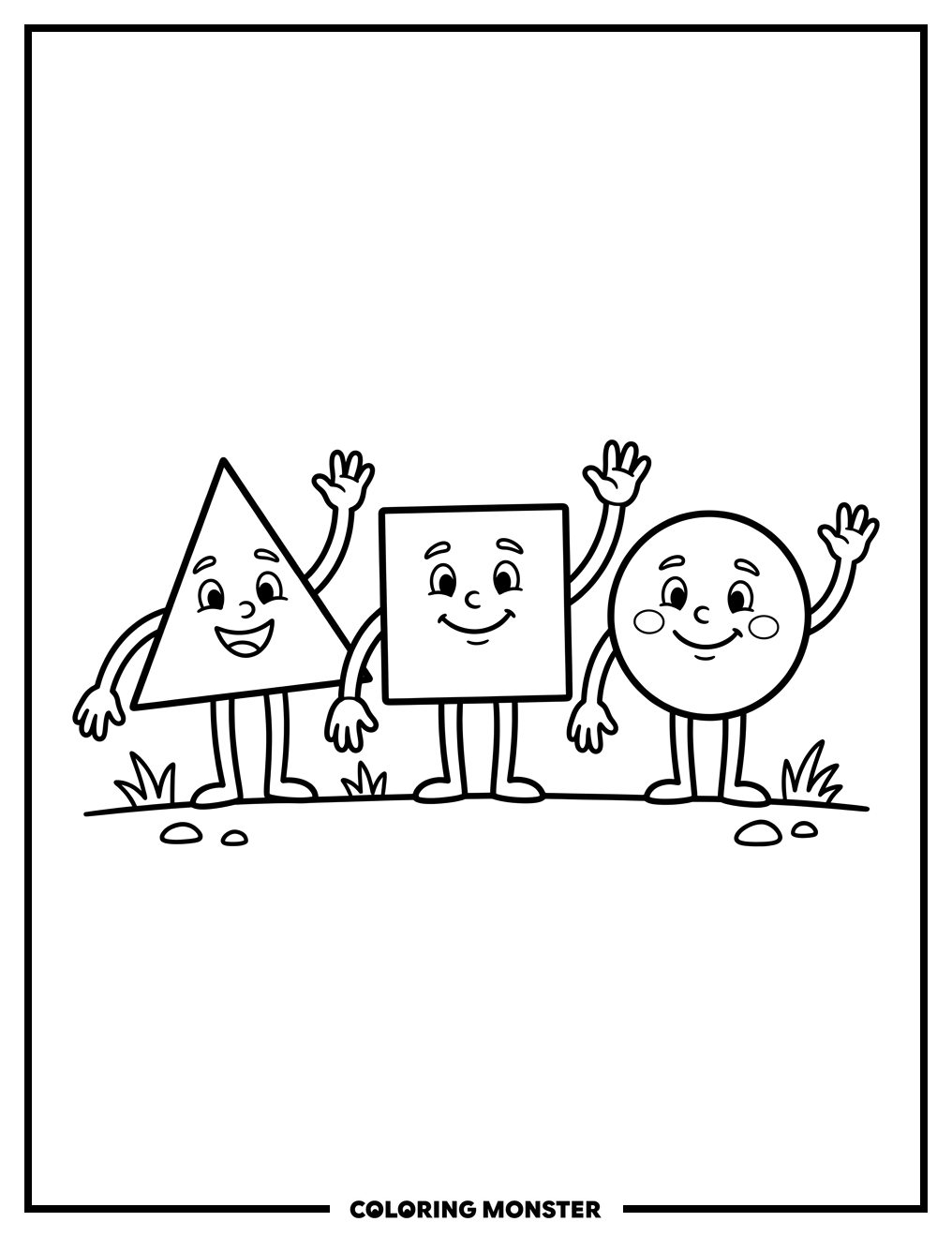 Happy Geometric Friends Waving Coloring Page