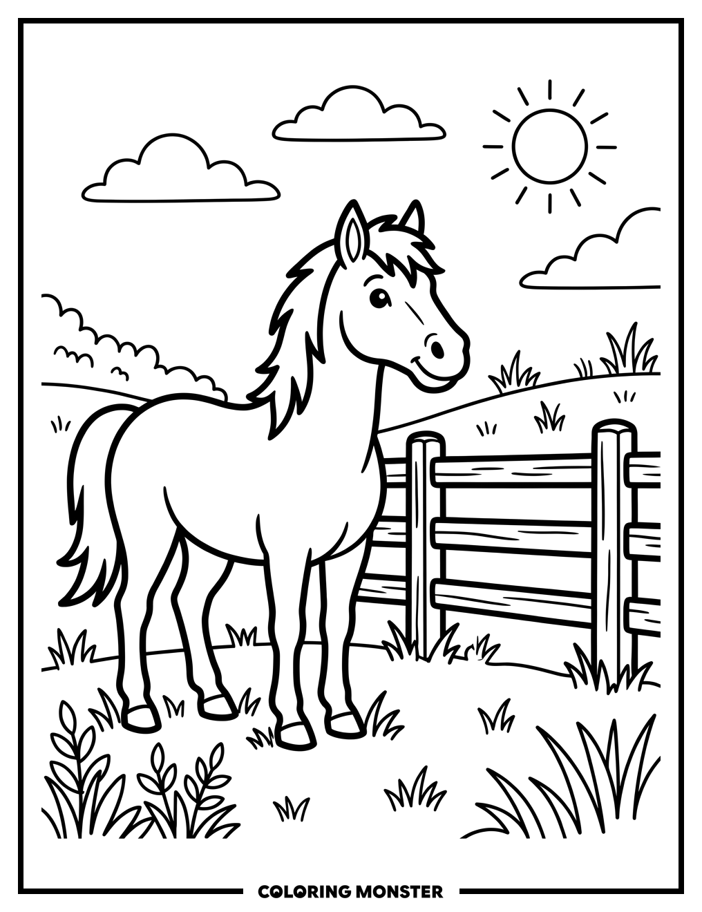 Happy Horse by a Fence Coloring Page