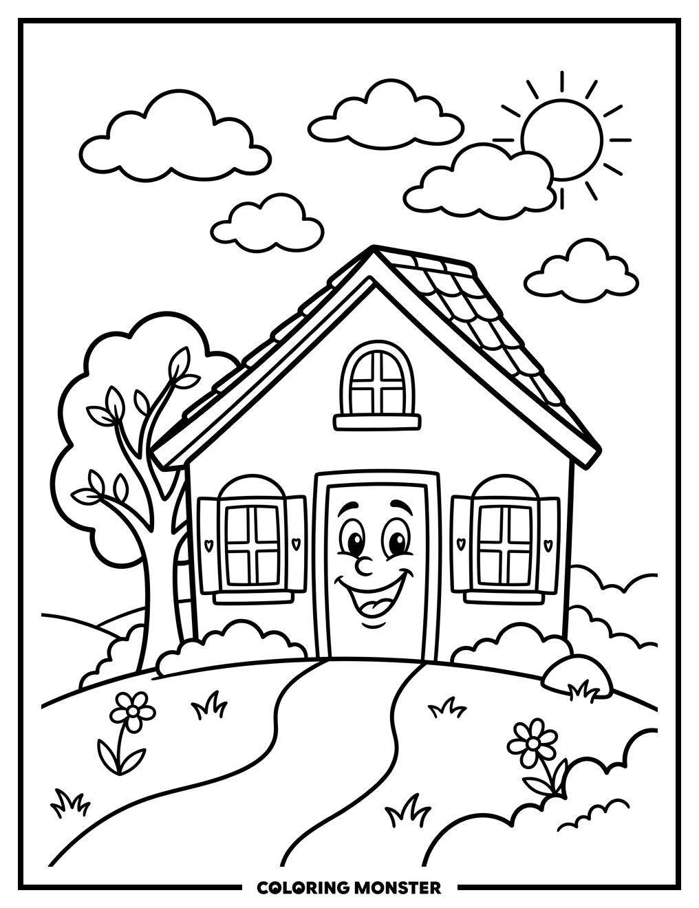 Happy House in a Sunny Meadow Coloring Page