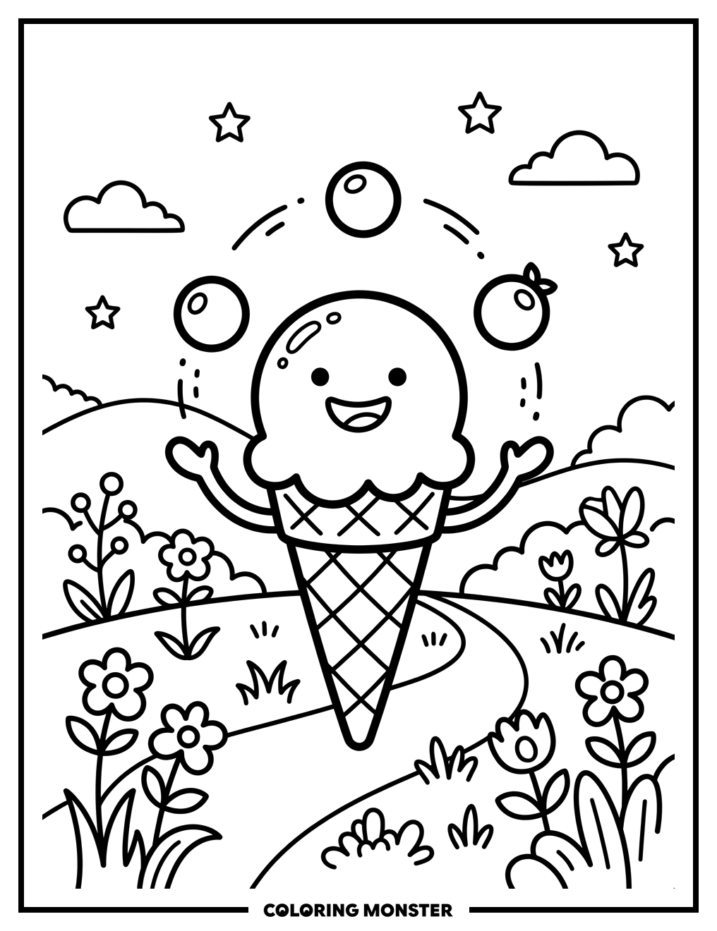 Happy Ice Cream Juggling Berries Coloring Page