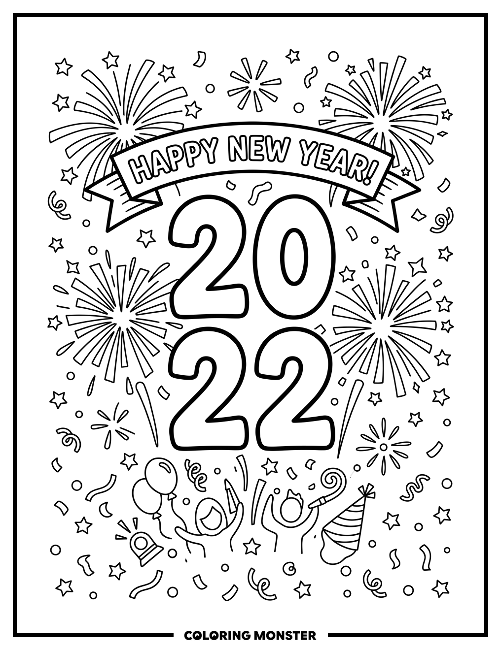 Happy New Year 2022 Fireworks Coloring Page