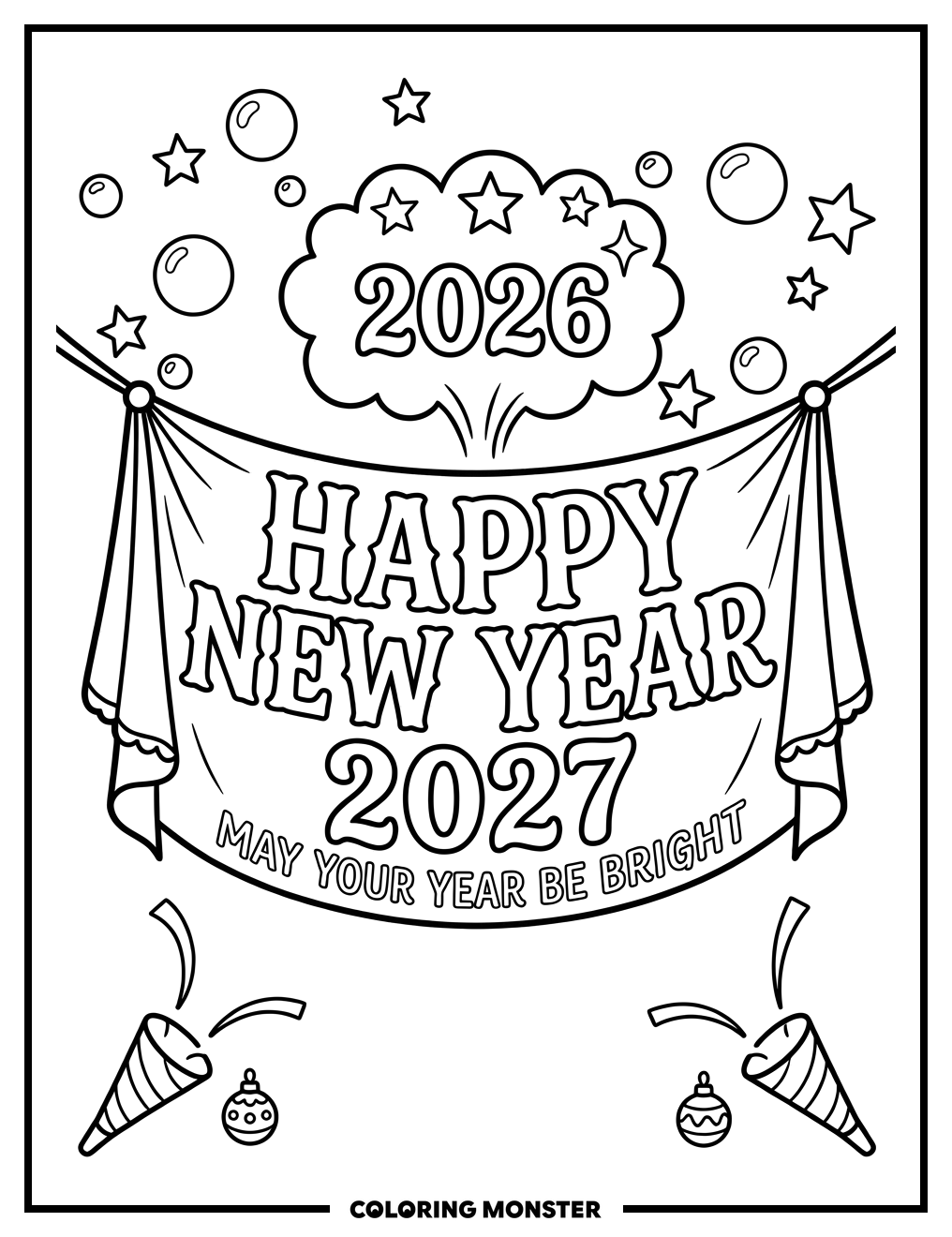Happy New Year Banner Coloring Page