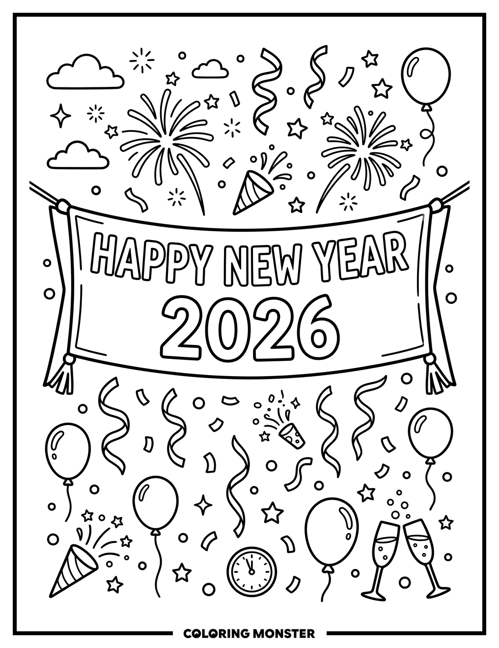 Happy New Year Banner Coloring Page