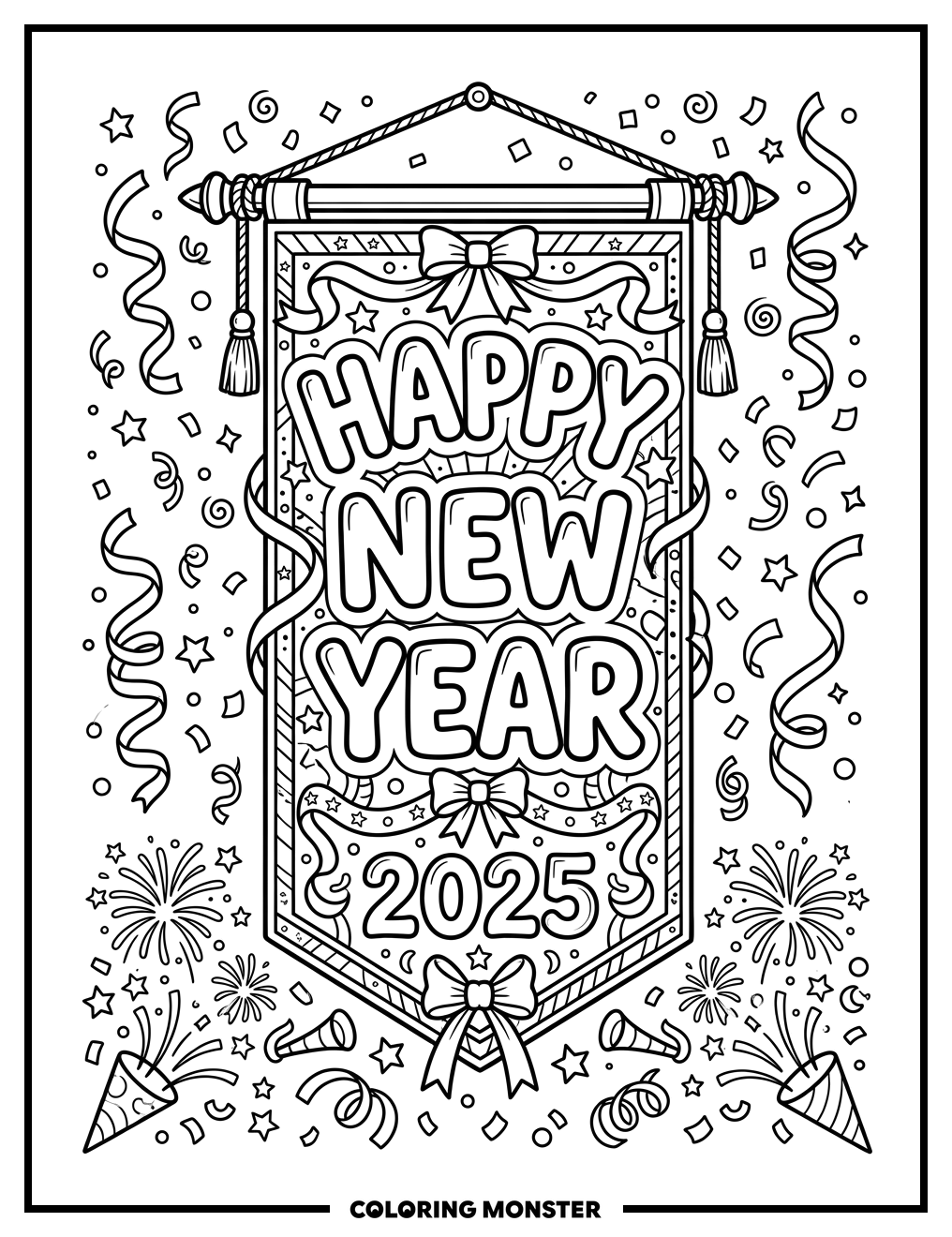 Happy New Year Banner With Confetti Coloring Page
