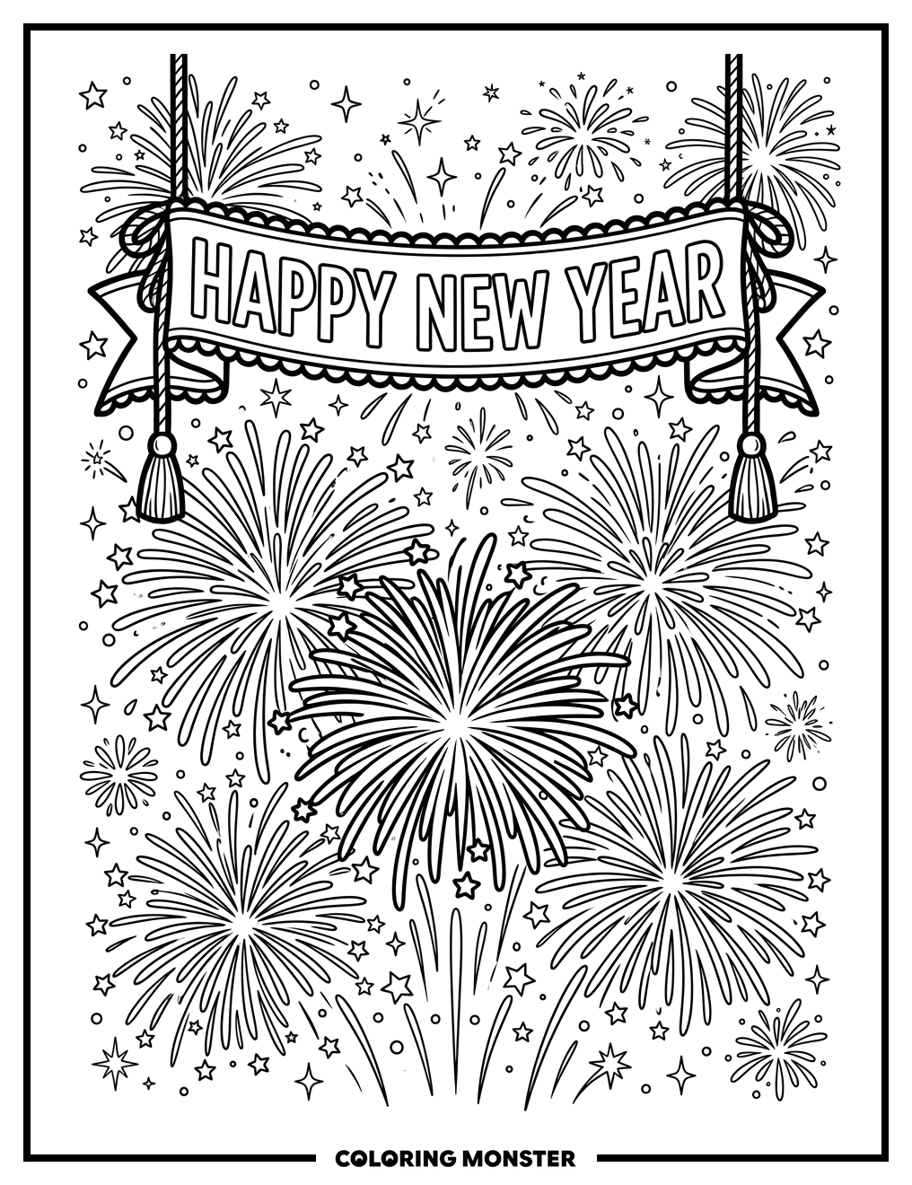 Happy New Year Banner With Fireworks Coloring Page