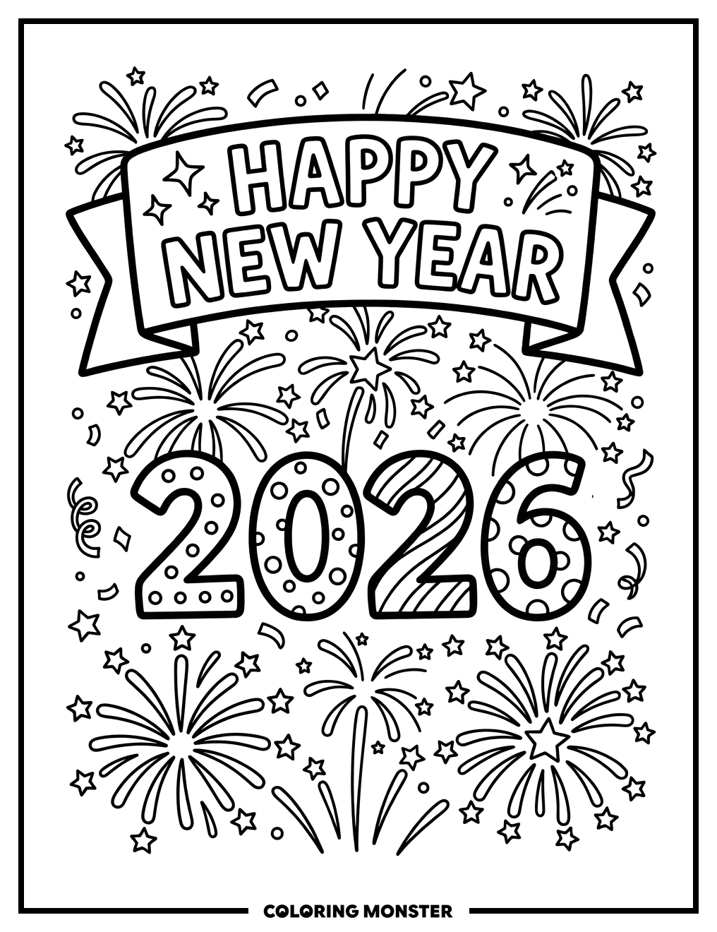 Happy New Year 2026 Banner with Fireworks Coloring Page