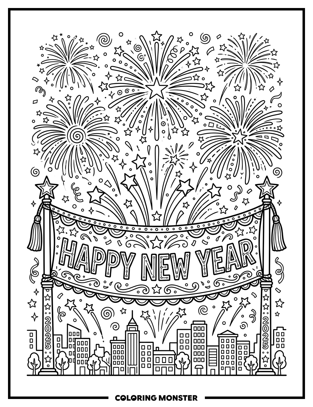 Happy New Year Banner With Fireworks Coloring Page
