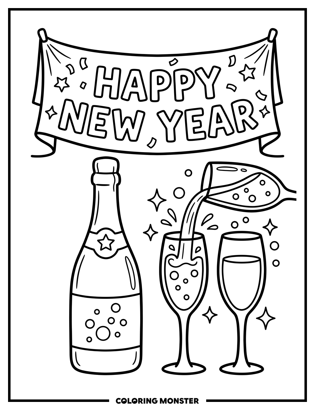 Happy New Year Champagne Toast Coloring Page