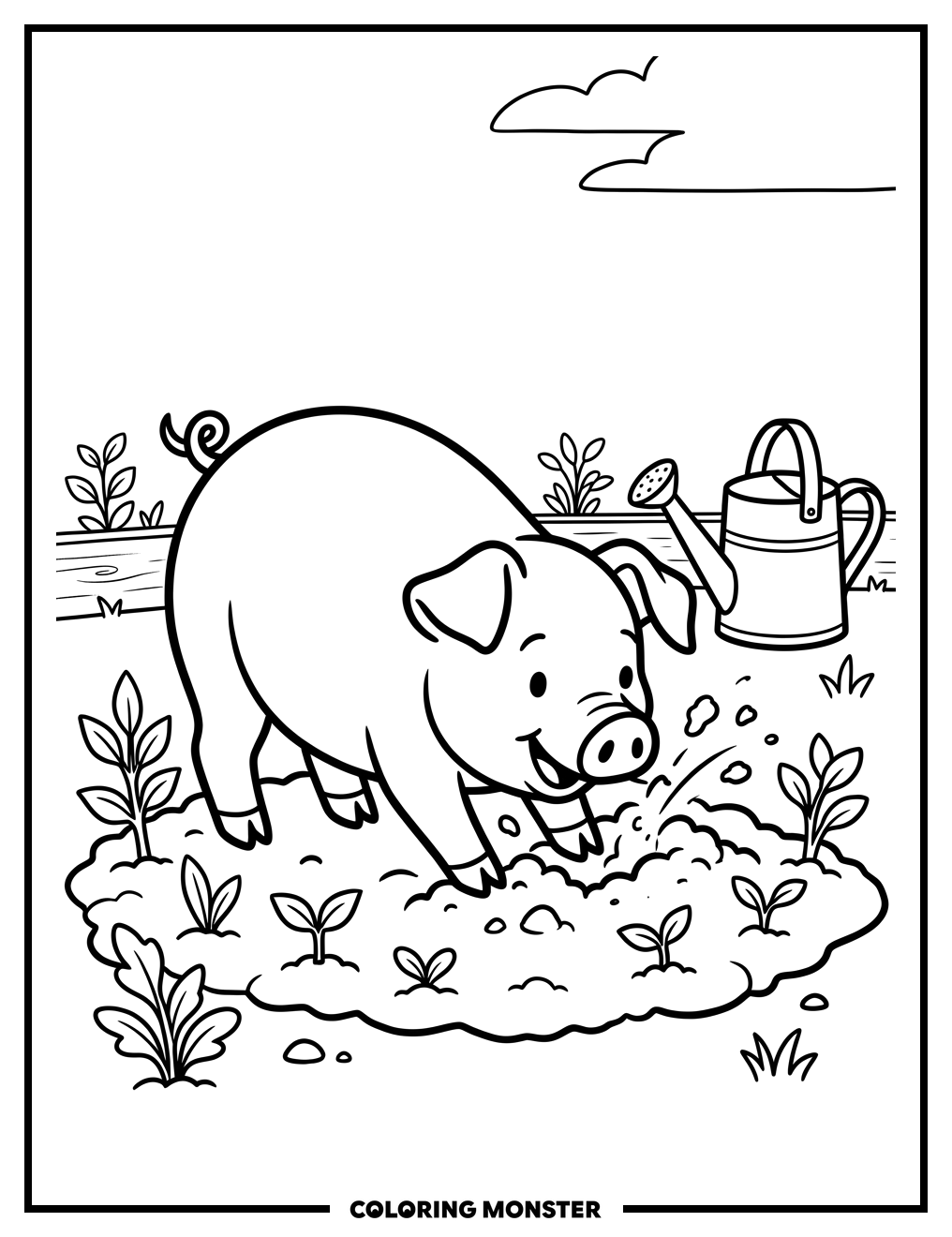 Happy Pig Digging in Garden Coloring Page
