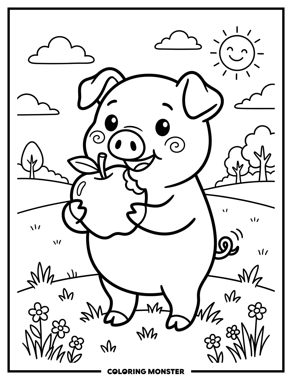 Happy Pig Eating Apple Coloring Page