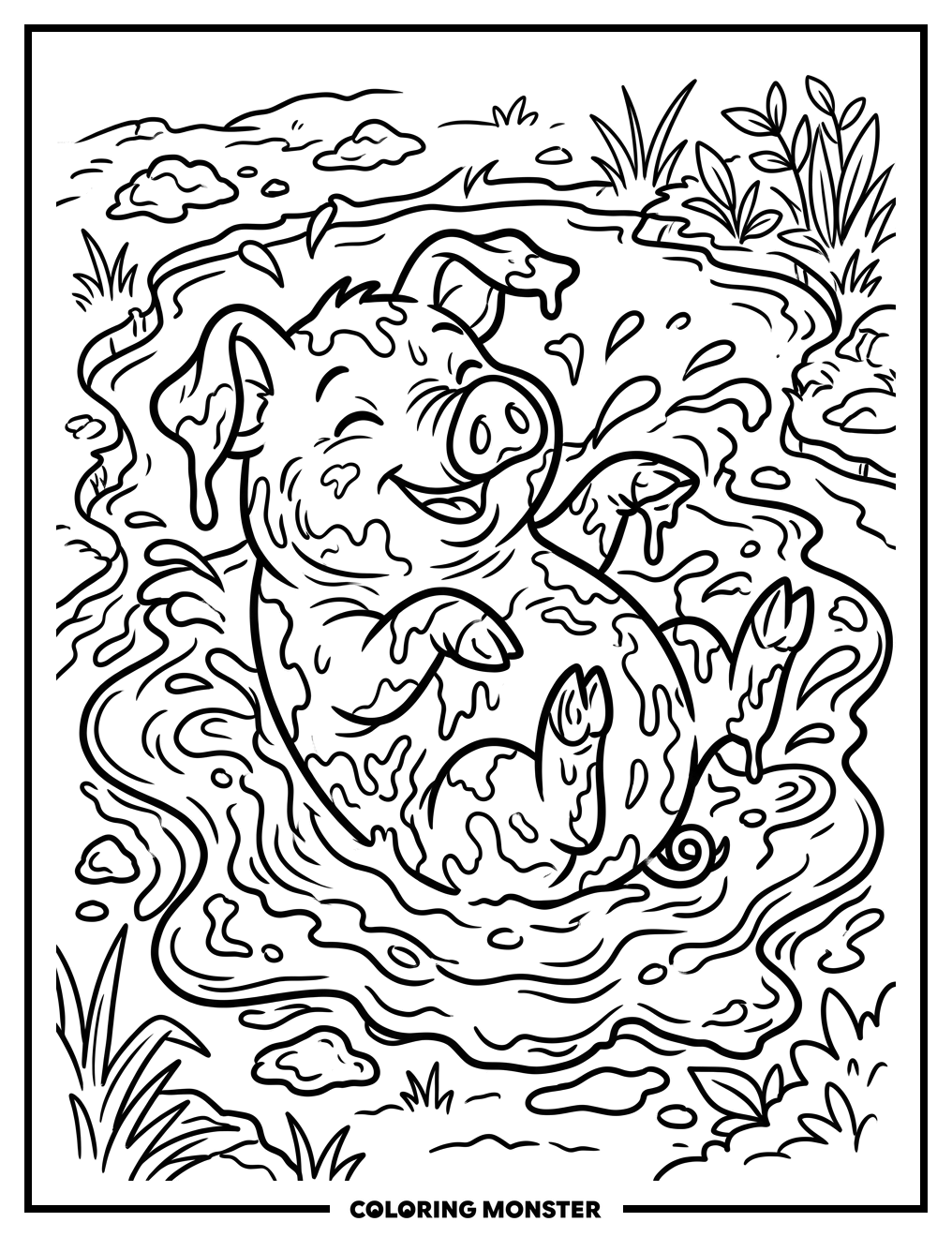Happy Pig Rolls in Mud Coloring Page
