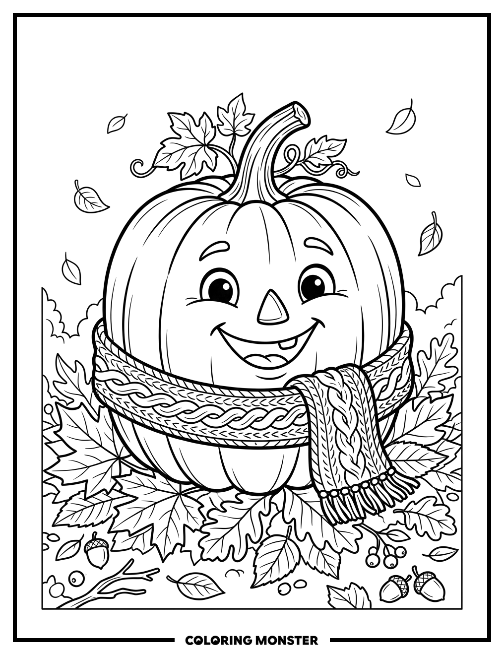 Happy Pumpkin With Knitted Scarf Coloring Page
