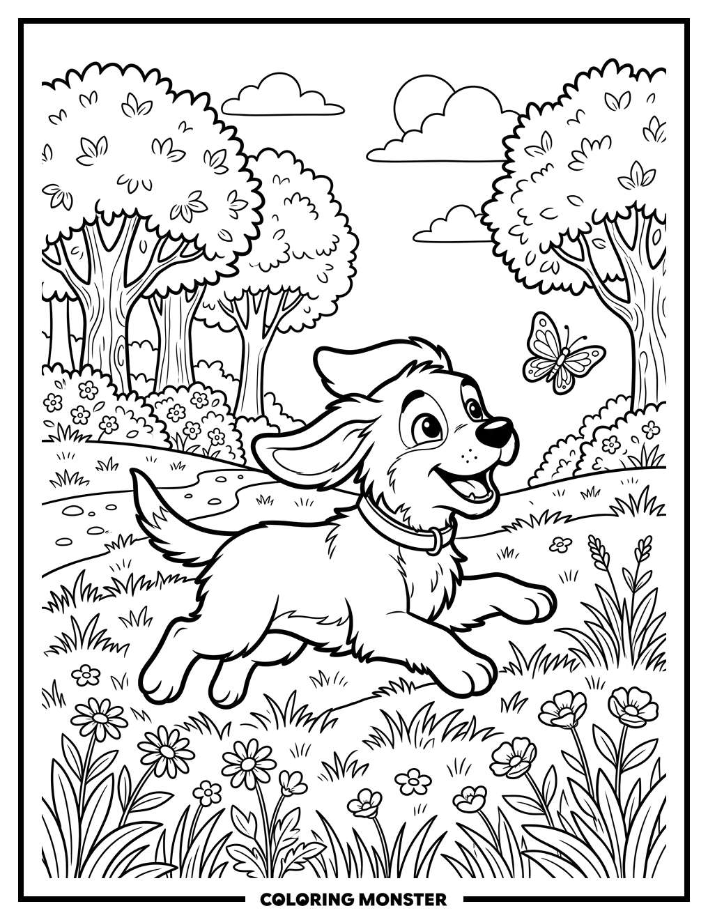 Happy Puppy Chasing Butterfly Coloring Page