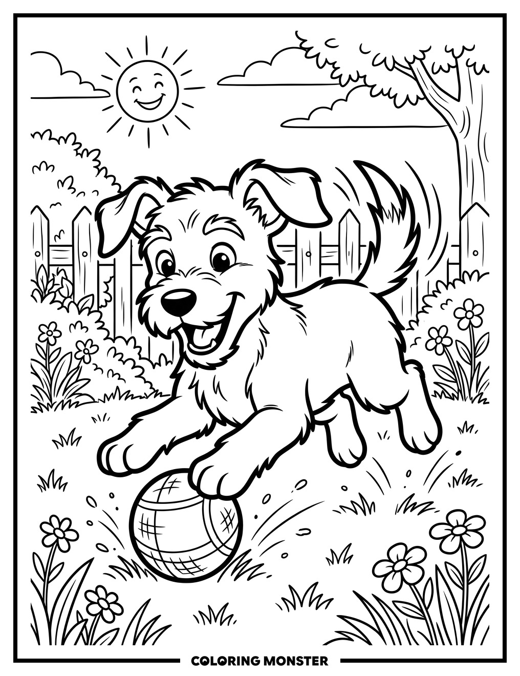 Happy Puppy Pouncing on Ball Coloring Page