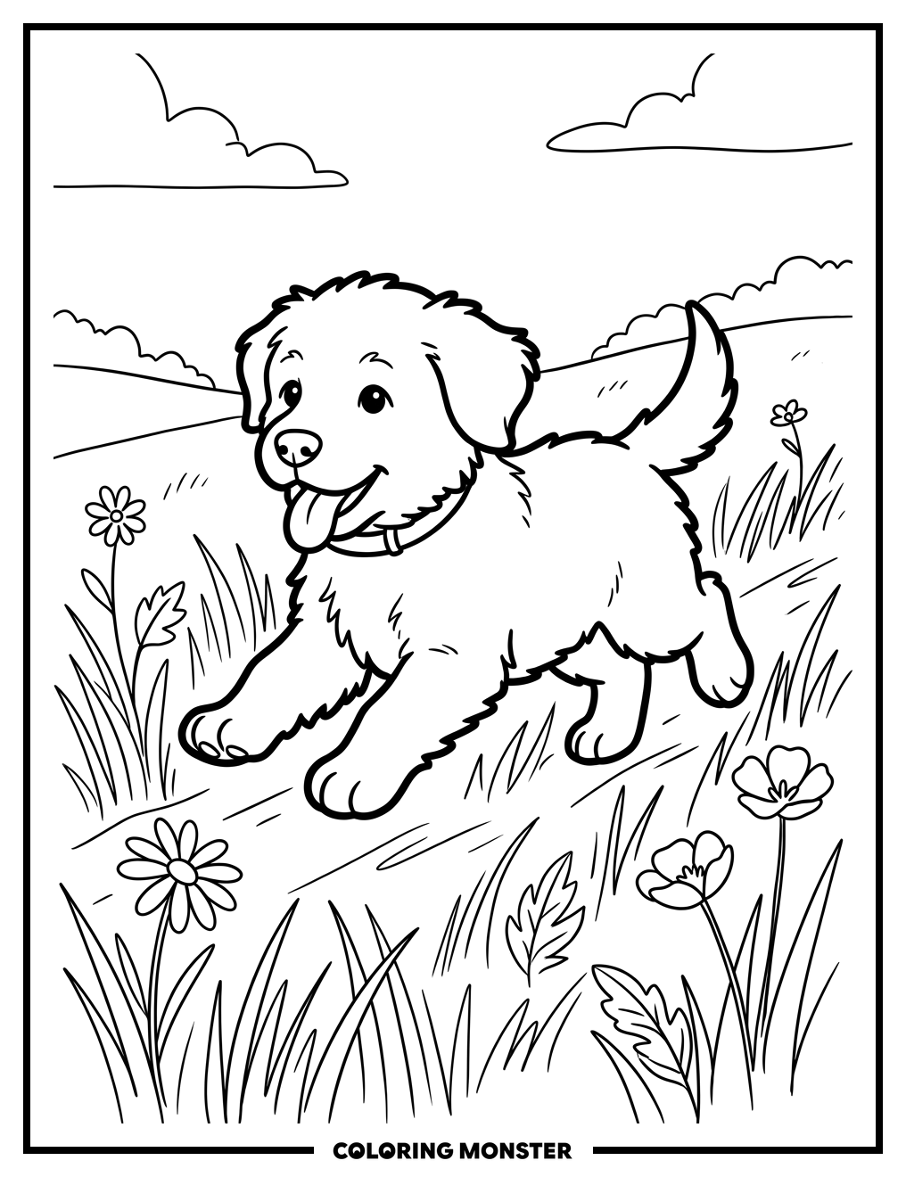 Happy Puppy Running in Field Coloring Page