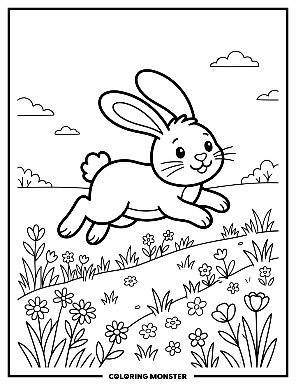 Happy Rabbit Mid-Hop Coloring Page
