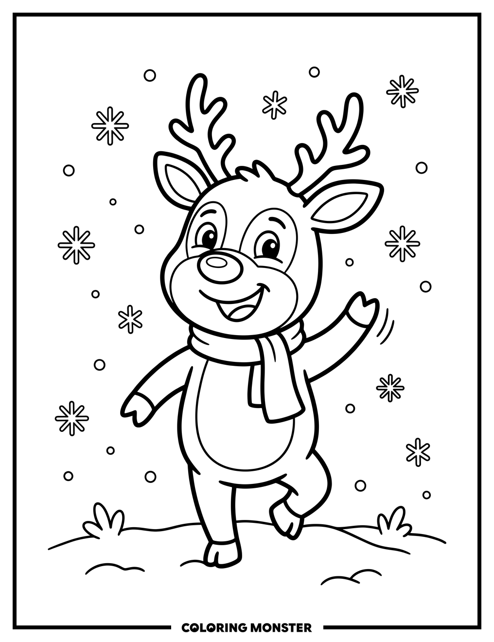 Happy Reindeer Prancing in Snow Coloring Page