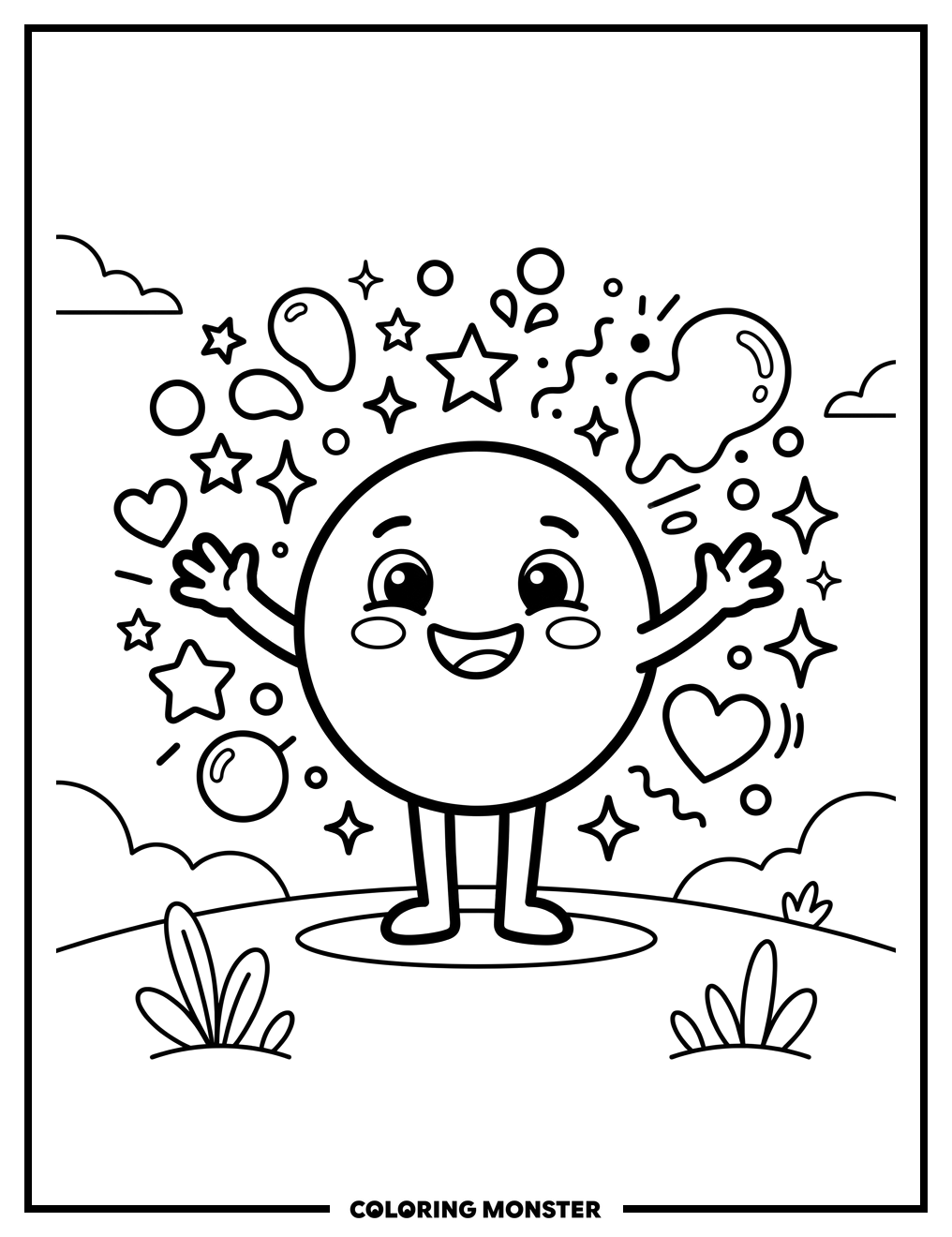Happy Round Character With Shapes Coloring Page