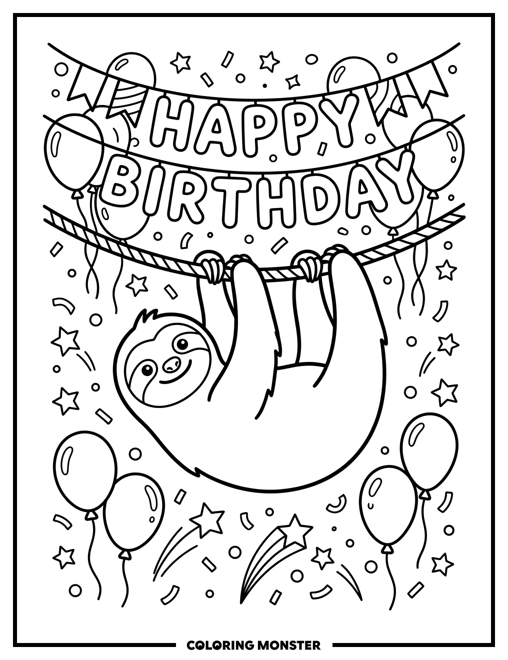 Happy Sloth On Birthday Banner Coloring Page