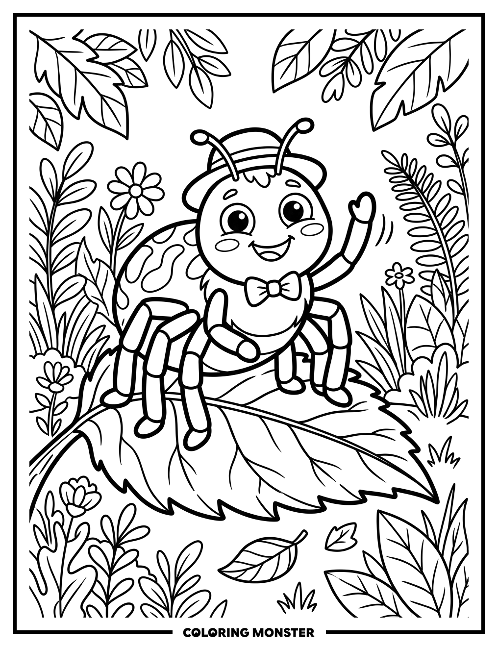 Happy Spider on a Leaf Coloring Page