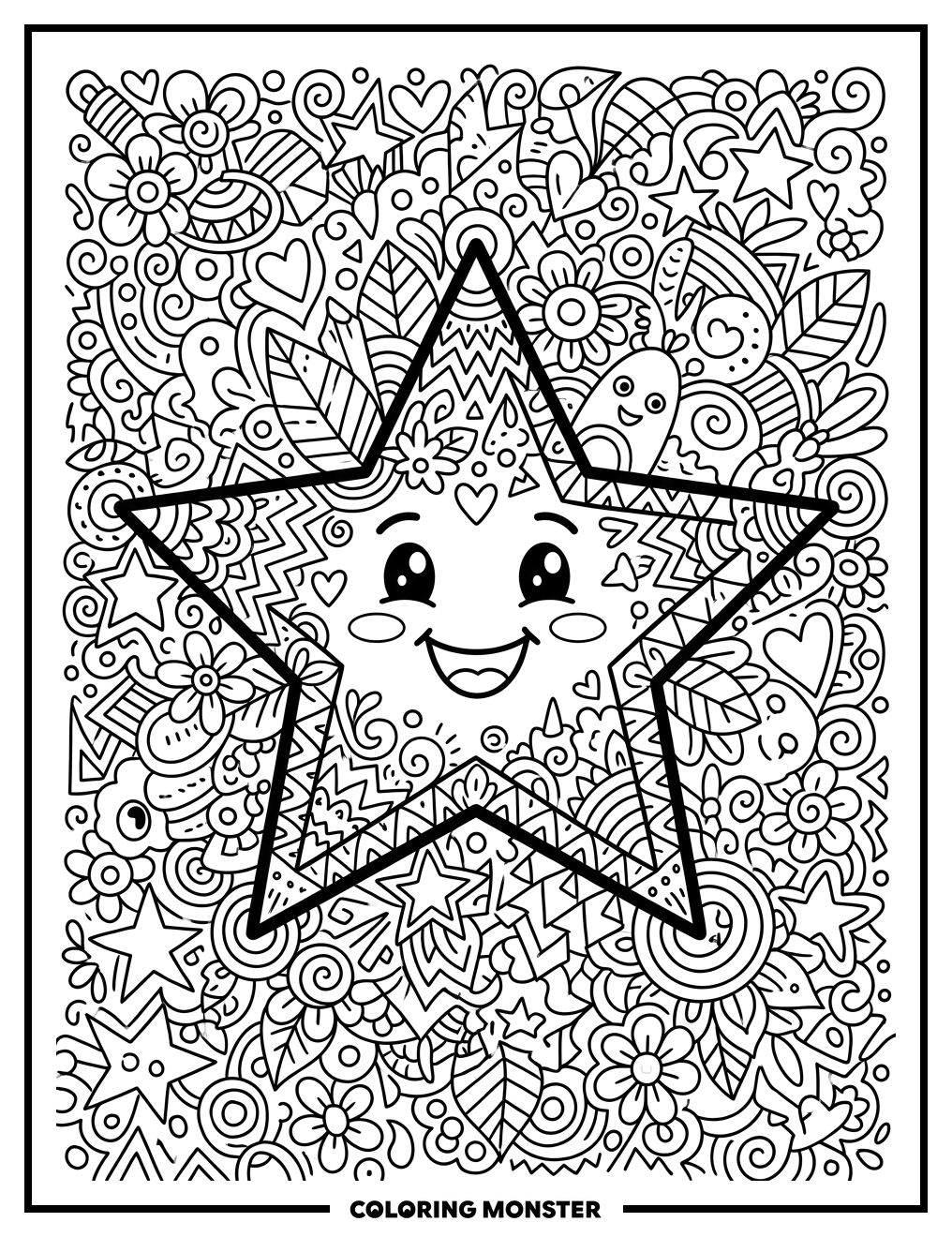 Happy Star Doodle Coloring Page