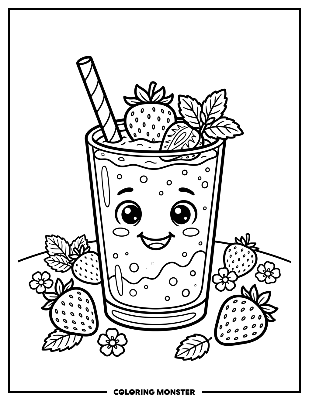 Happy Strawberry Smoothie Coloring Page