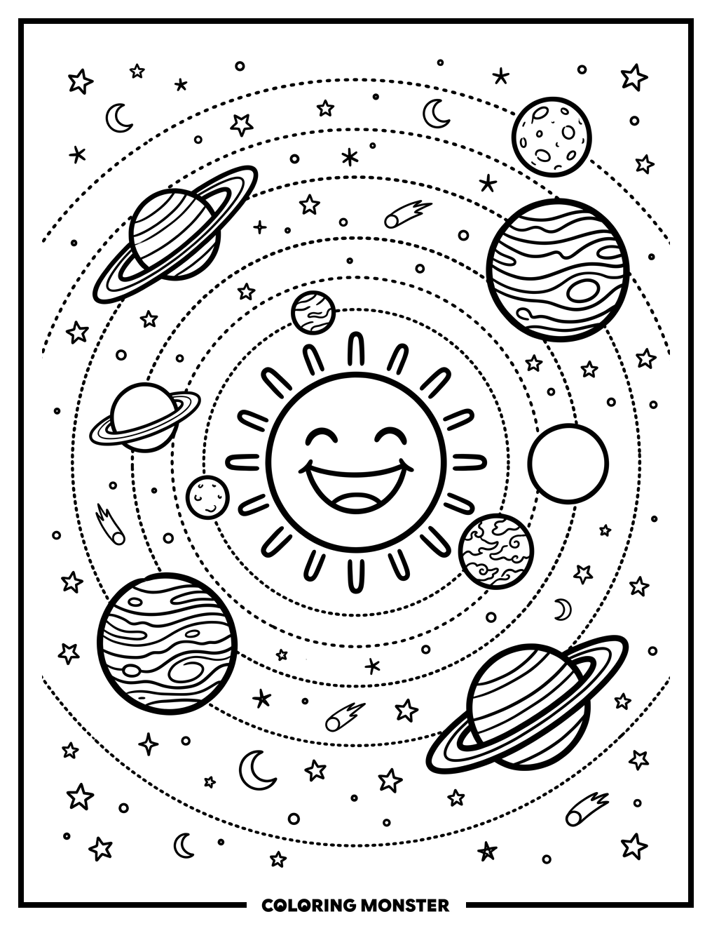 Happy Sun and Orbiting Planets Coloring Page