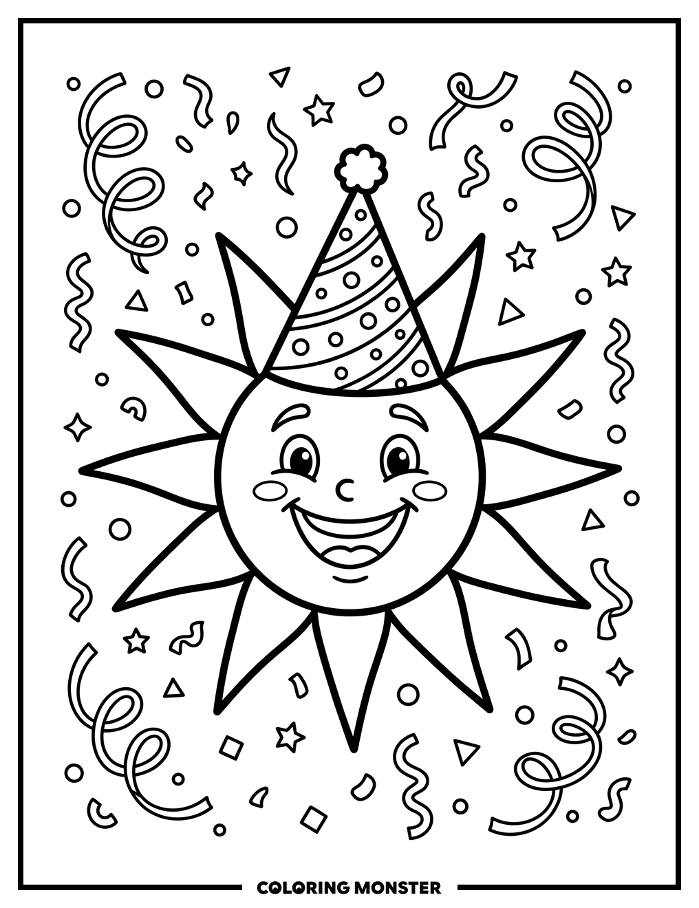 Happy Sun With Party Hat Coloring Page