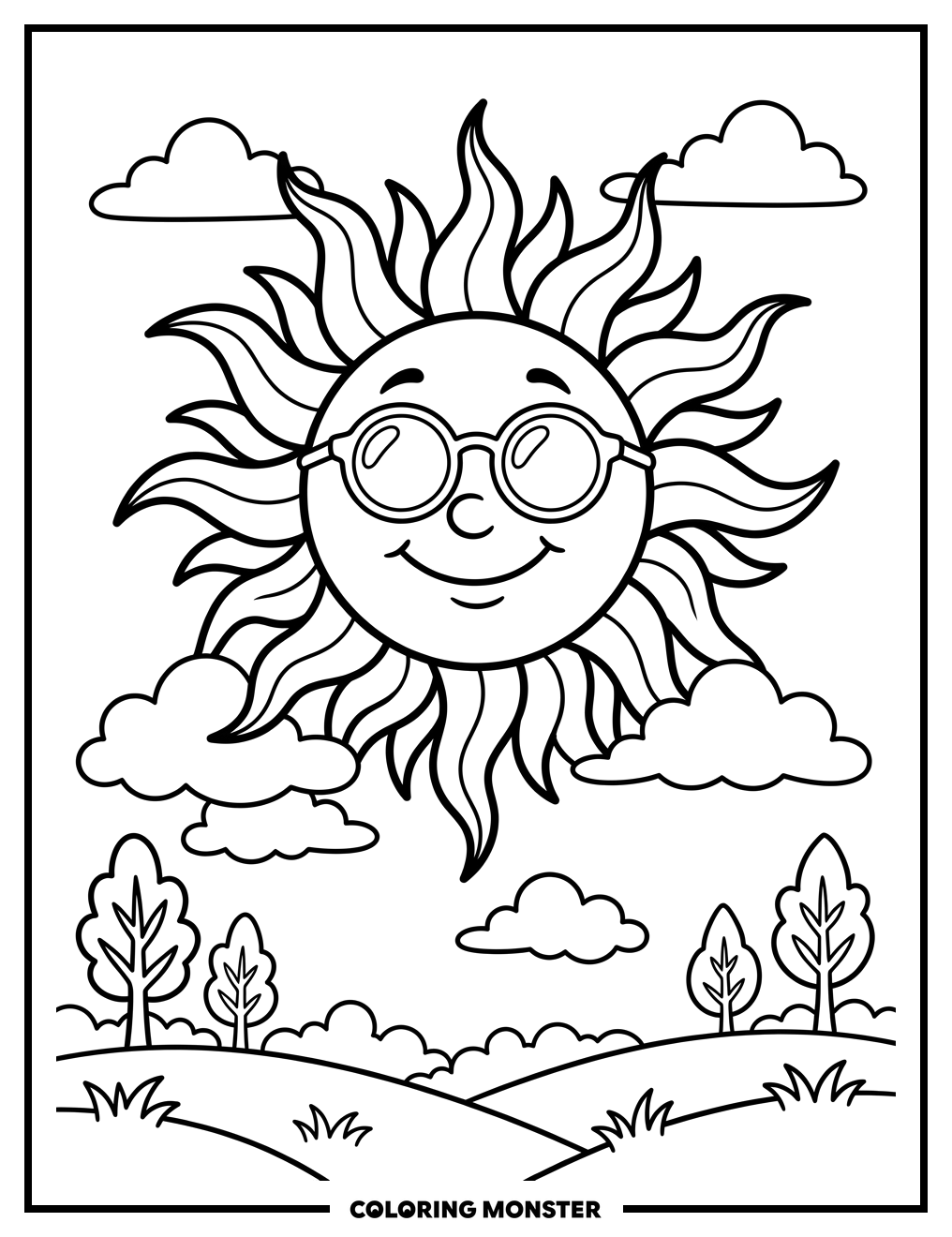Happy Sun With Sunglasses And Clouds Coloring Page