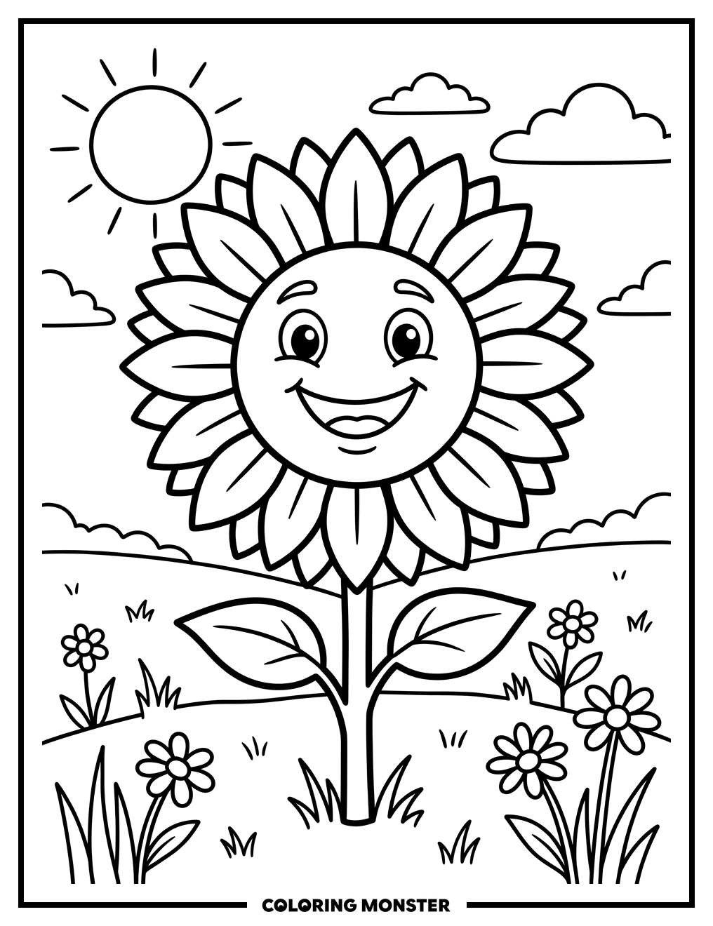 Happy Sunflower in a Field Coloring Page