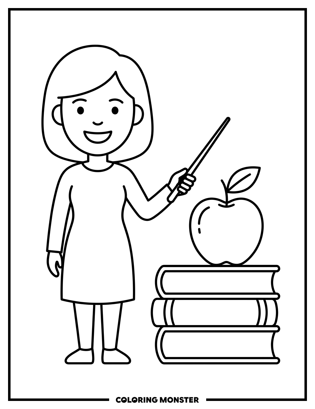 Happy Teacher With Books and Apple Coloring Page