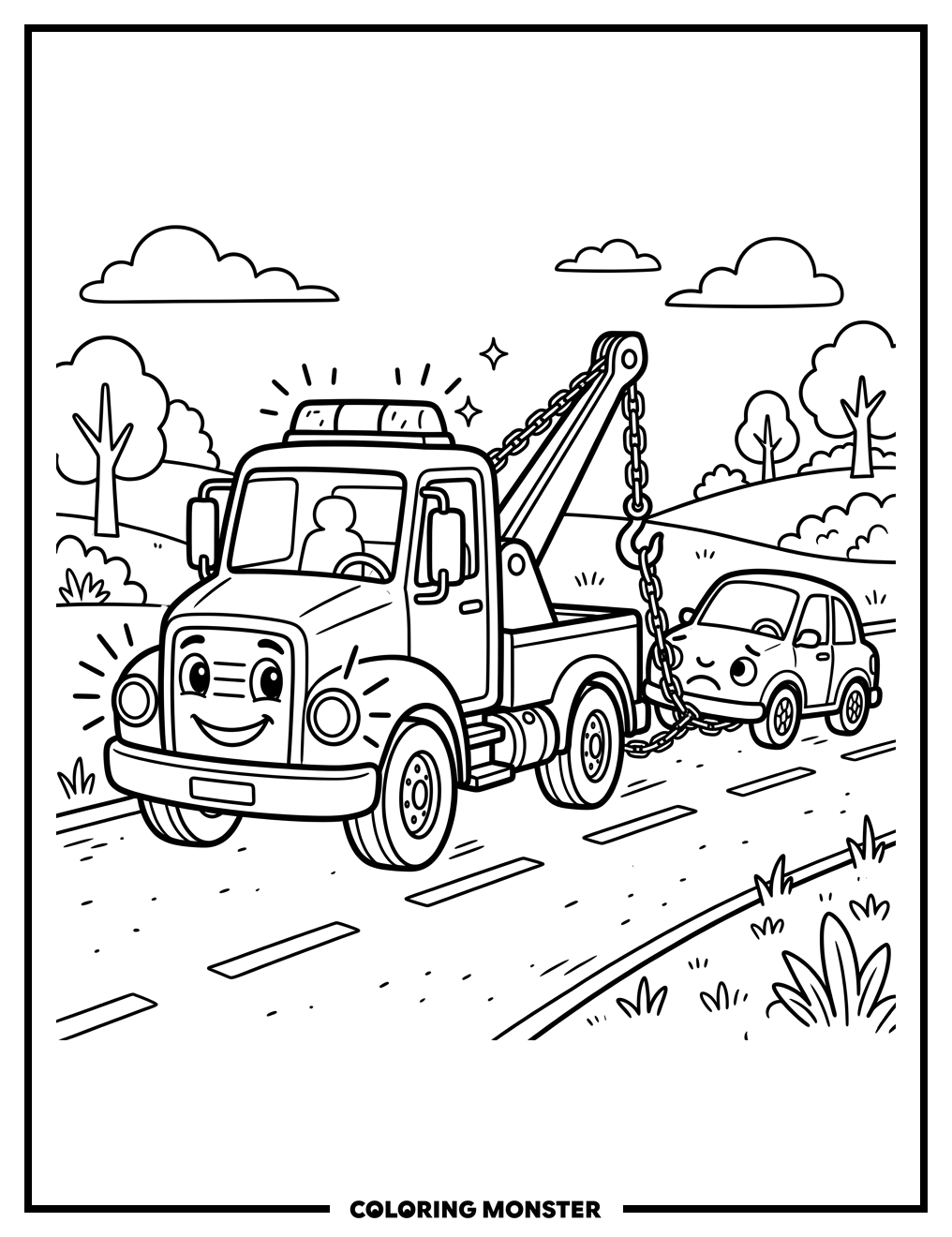 Happy Tow Truck Helping a Car Coloring Page