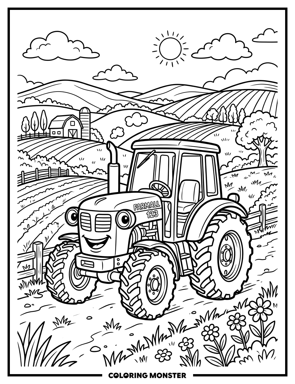 Happy Tractor in Sunny Field Coloring Page