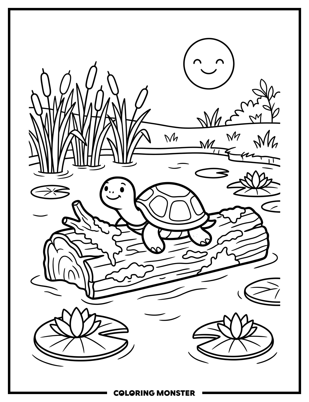 Happy Turtle on a Log Coloring Page