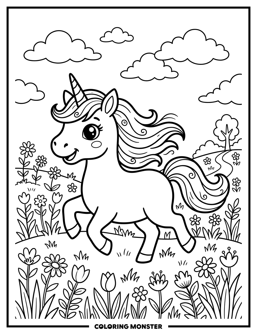 Happy Unicorn in a Field of Flowers Coloring Page