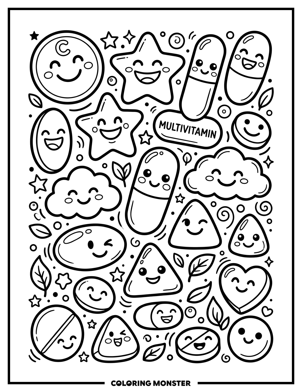 Happy Vitamins and Supplements Coloring Page