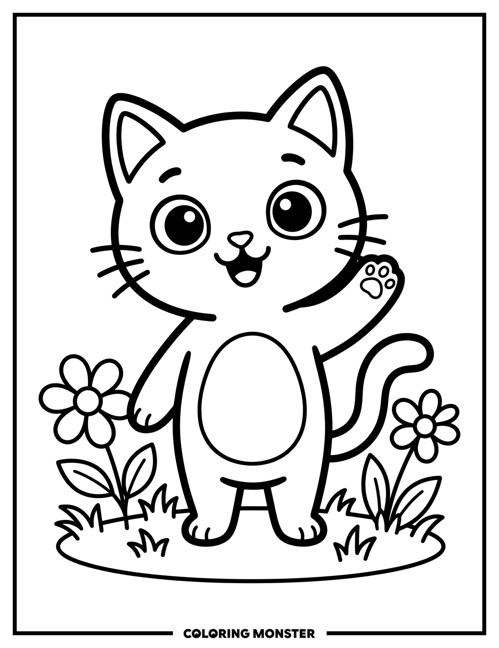 Happy Waving Cat Coloring Page