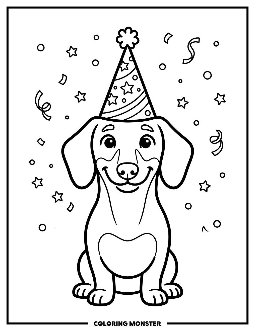 Happy Weiner Dog in Party Hat Coloring Page