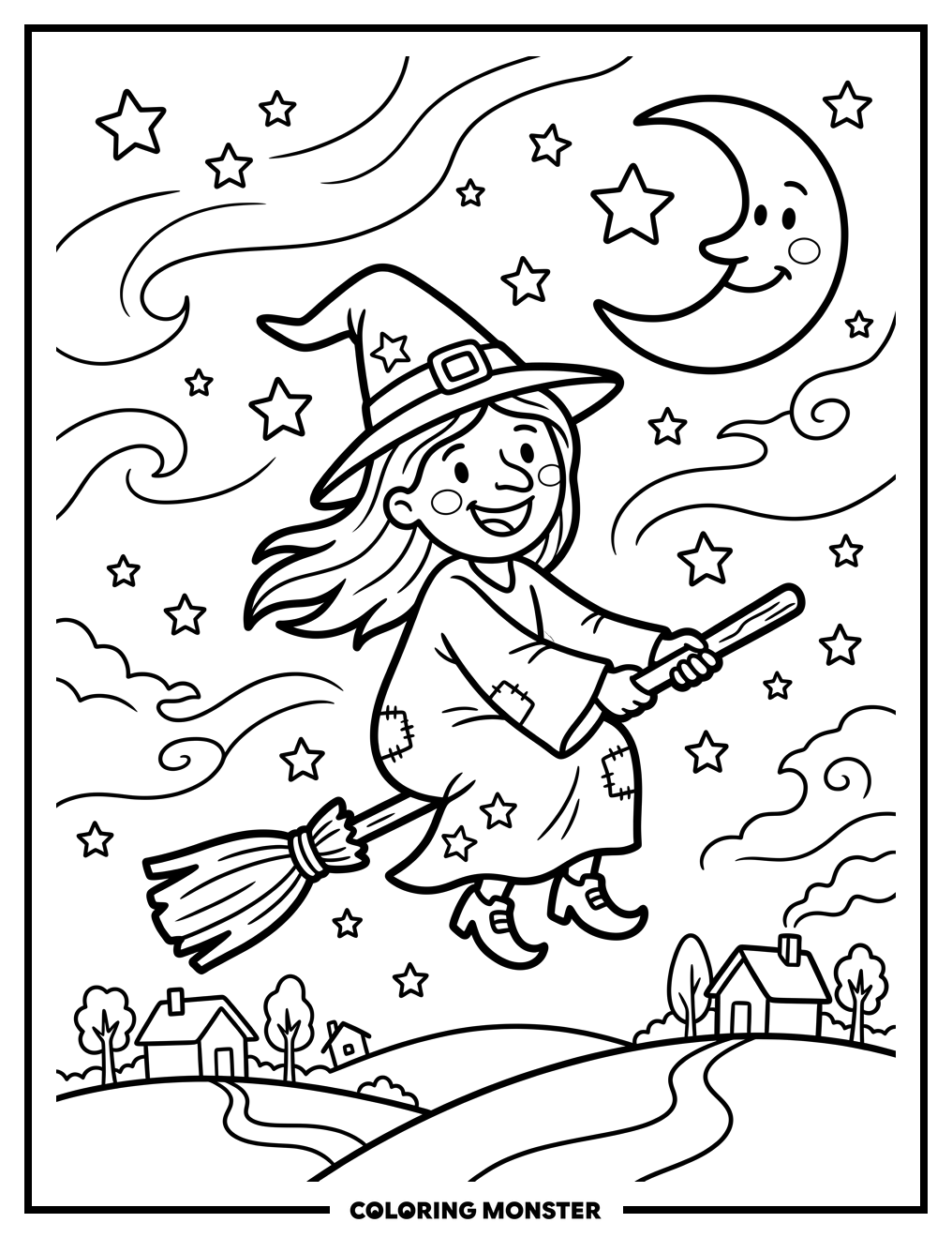 Happy Witch Flying on Broomstick Coloring Page
