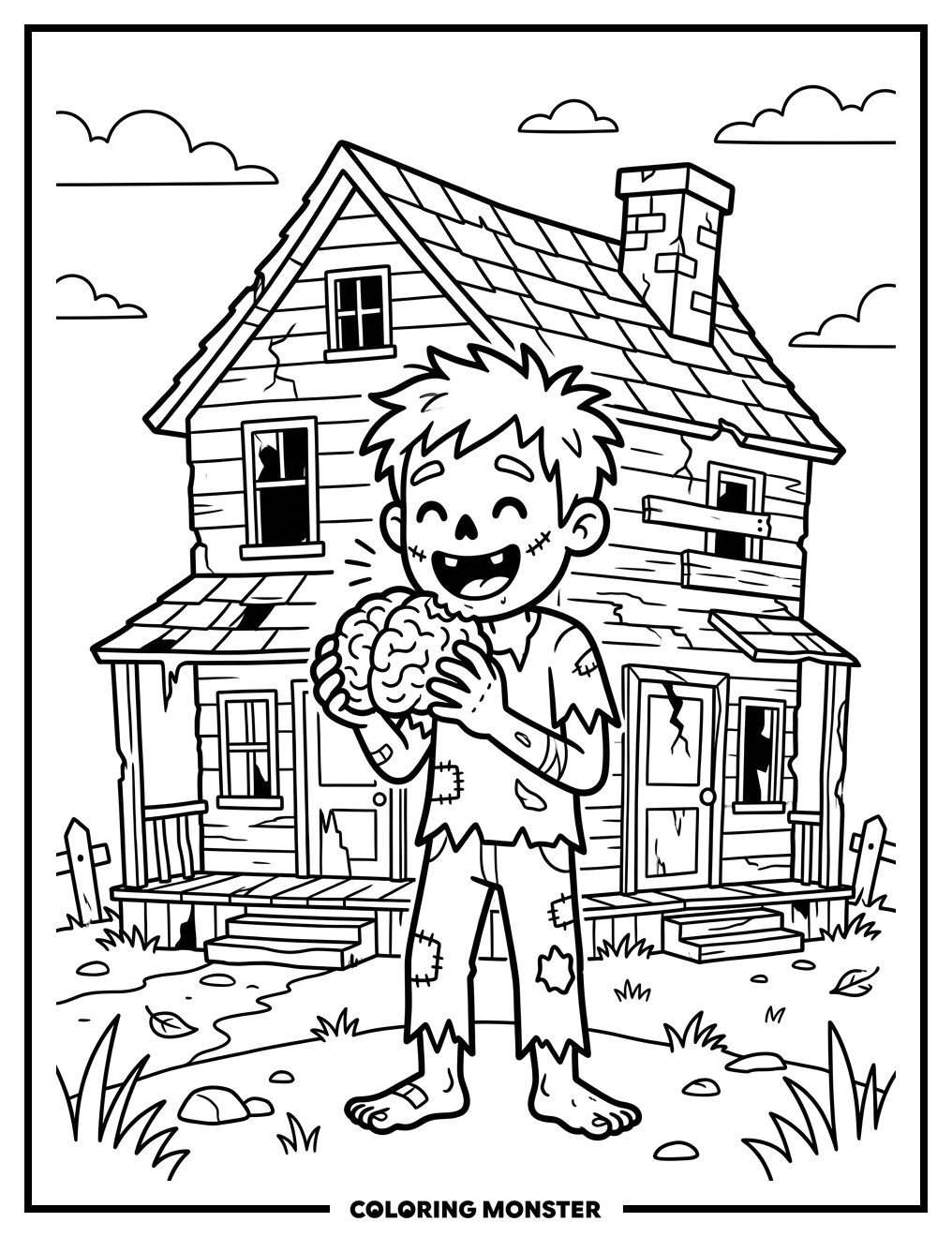 Happy Zombie and Dilapidated House Coloring Page