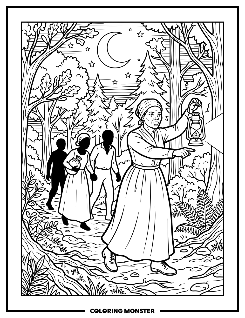 Harriet Tubman Leads Way Through Forest Coloring Page