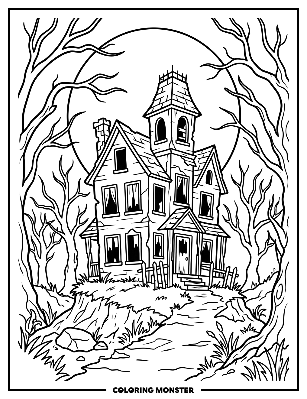 Haunted House Silhouette Coloring Page