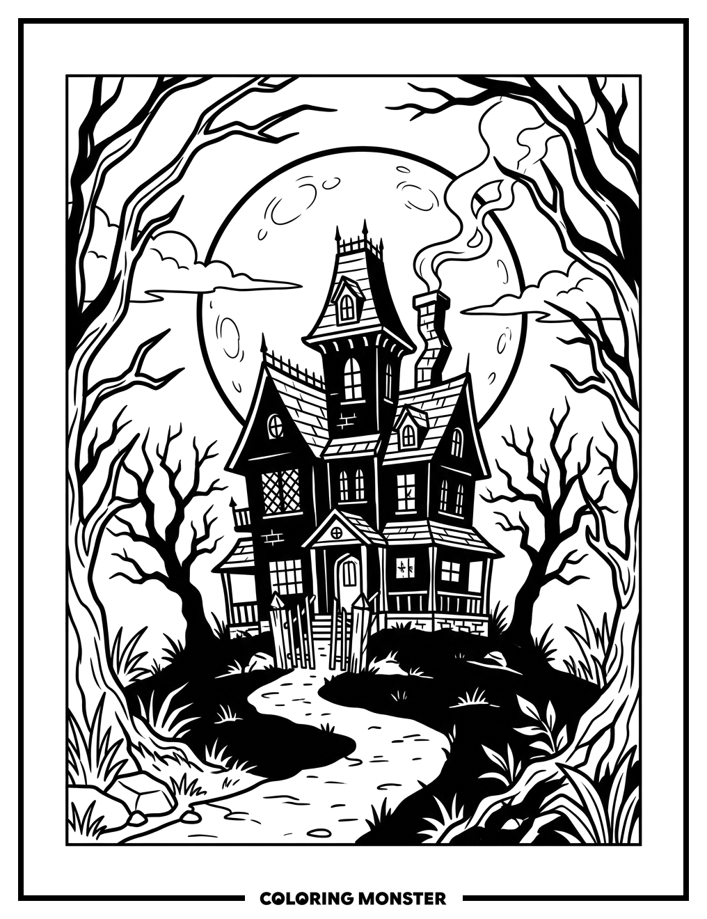 Haunted House Under a Full Moon Coloring Page