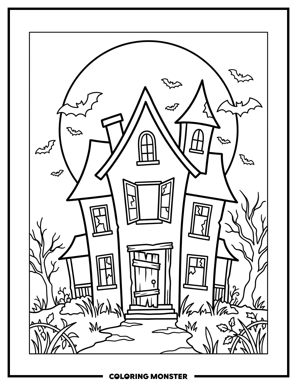 Haunted House Under Full Moon Coloring Page