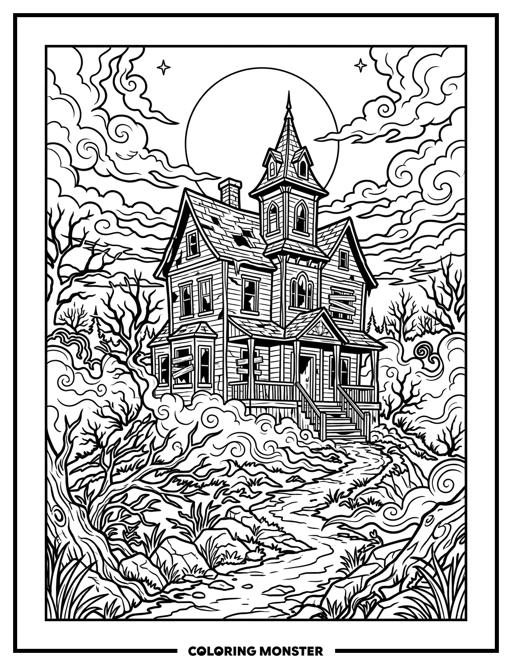Haunted House Under Full Moon Coloring Page