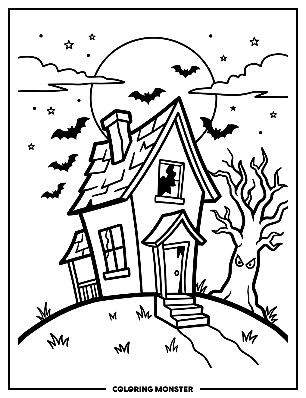 Haunted House Under Full Moon Coloring Page