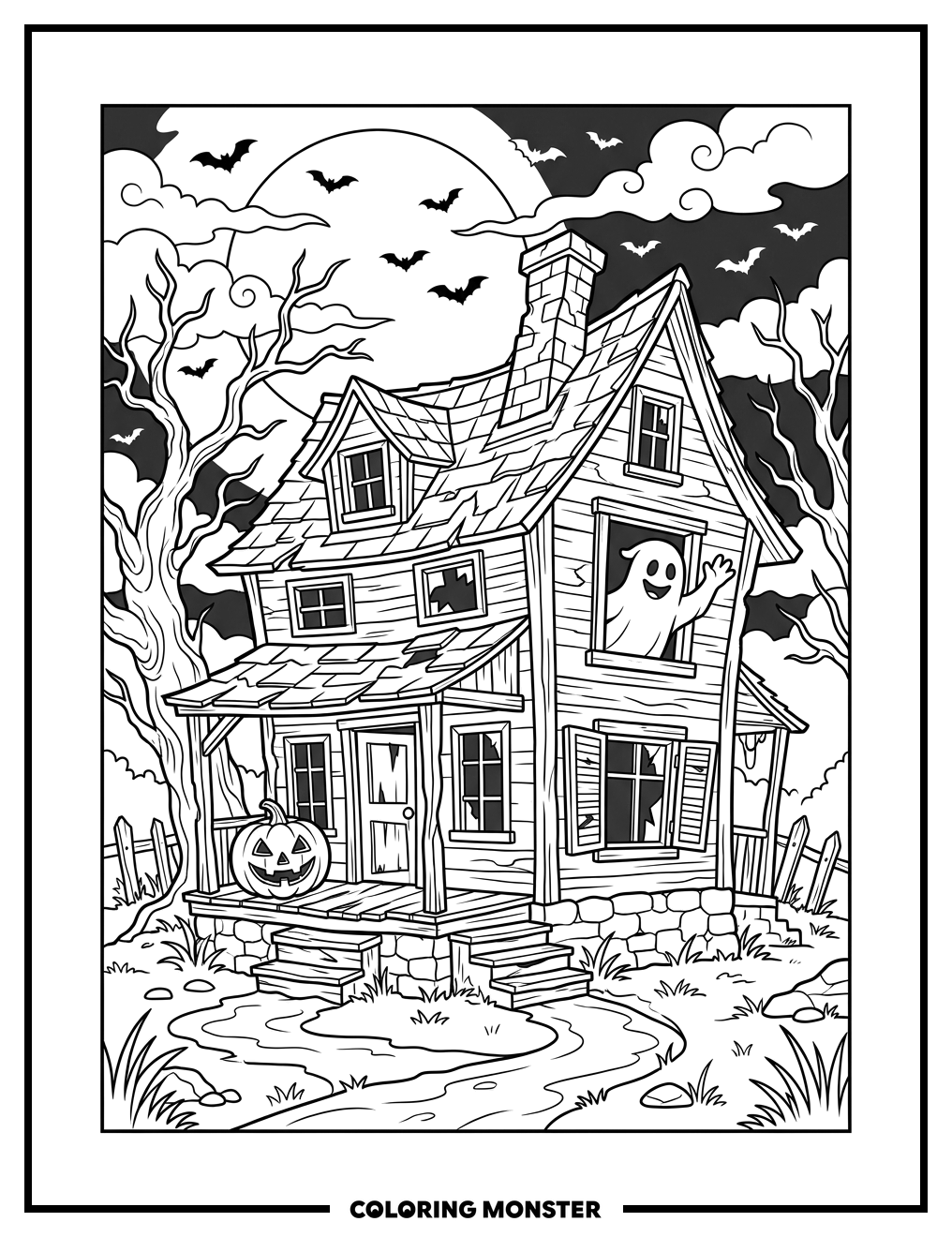 Haunted House Under Full Moon Coloring Page