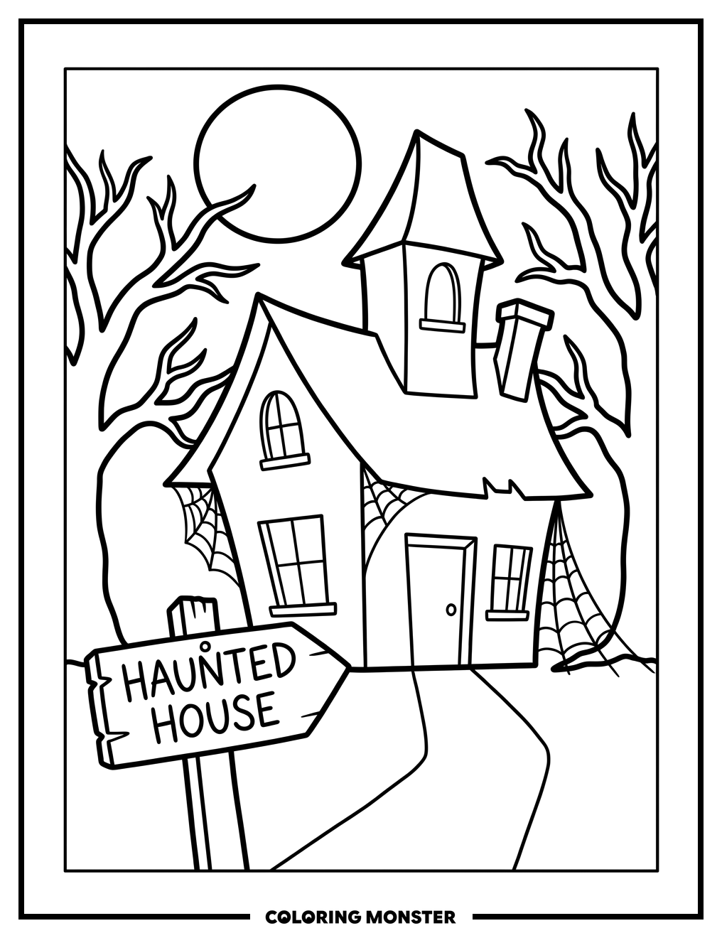 Haunted House Under Full Moon Coloring Page